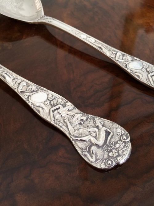fig 1. Rare Pair of Bacchanalian Pattern Victorian Silver Serving Spoons