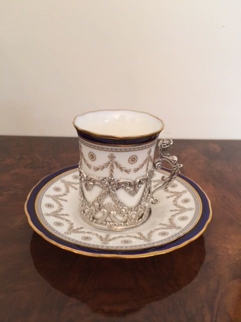 Superb Coffee Can, Saucer with Silver Holder, 1904