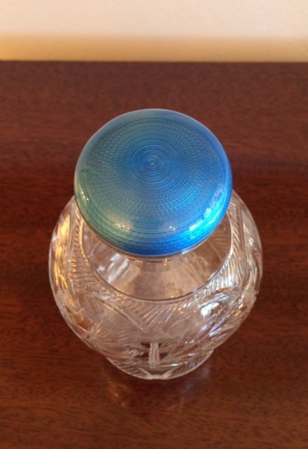 George V Silver and Blue Guilloche Enamel Topped Scent Bottle