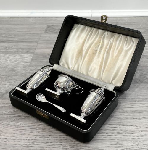 Elizabeth II Solid Silver Three Piece Cruet Set, Cased.