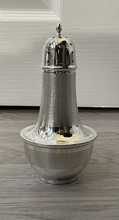 Stylish Art Deco Silver Sugar Caster by Joseph Gloster Ltd, with Patent Number 325841. Hallmarked Birmingham 1934.