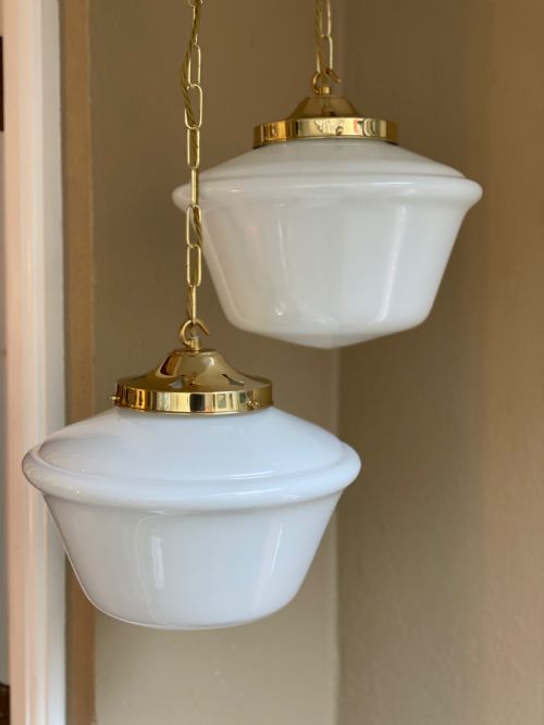Matched Pair of Art Deco Opaline Light Pendants