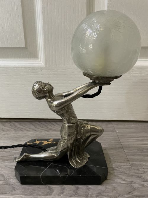 Art Deco Silvered Lady Lamp with Original Crackle Glass Shade