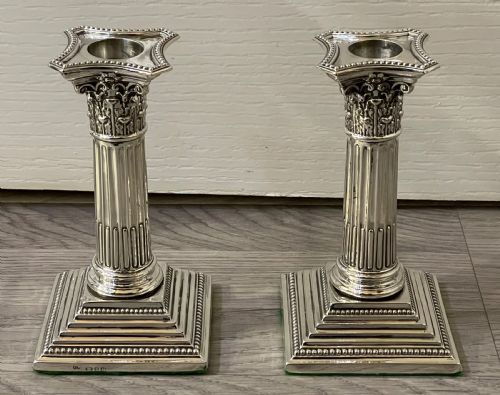 Pair of Victorian Silver Corinthian Column Candlesticks, 1890