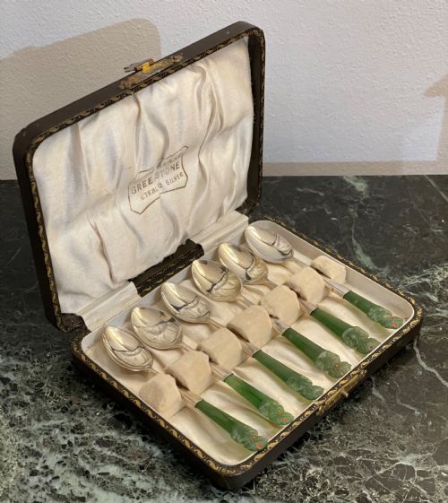 Set of Six New Zealand Greenstone & Silver Tea Spoons