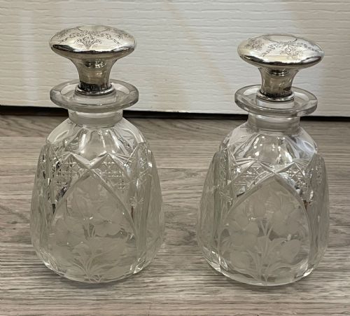 Beautiful Pair of Cut Glass & Silver Scent Perfume Bottles