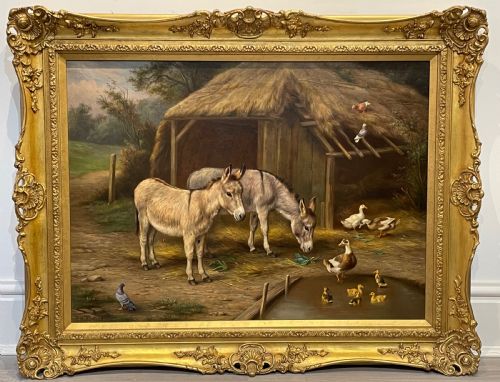 Edgar Hunt (1876 - 1953) Oil Painting of Donkeys Beside a Thatched Barn
