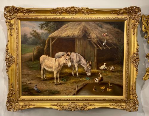 fig 1. Edgar Hunt (1876 - 1953) Oil Painting of Donkeys beside a thatched barn