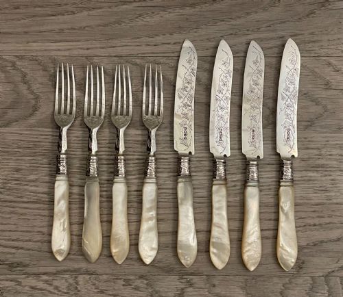 Set of Four Victorian Silver and Mother of Pearl Dessert Knives and Forks, 1886