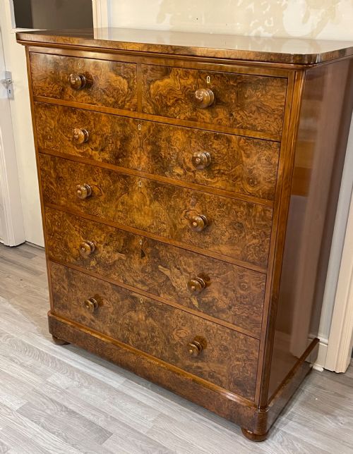 fig 1. Victorian Burr Walnut Chest of Drawers