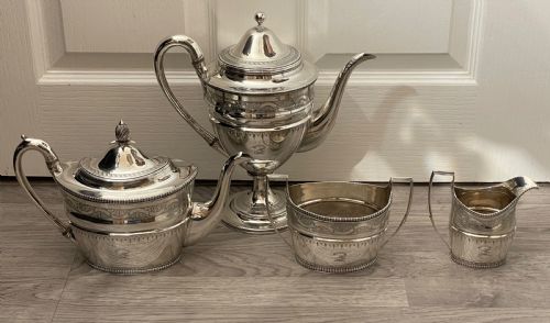 Rare George III Four Piece Solid Silver Tea Set & Coffee Pot by Bateman