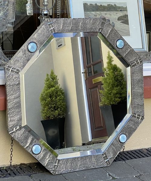 Arts & Crafts Hammered Pewter Mirror Ruskin Cabochons