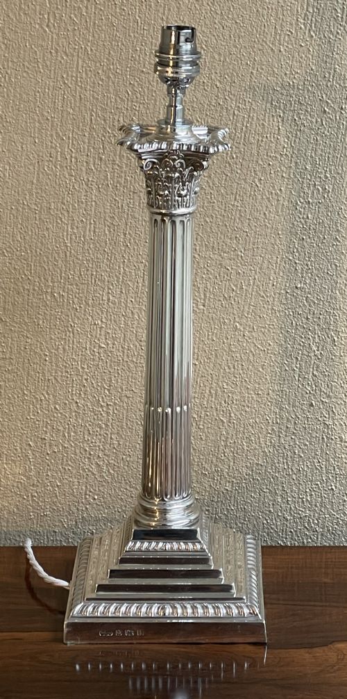 Tall Edwardian Solid Silver Corinthian Column Table Lamp, 1905