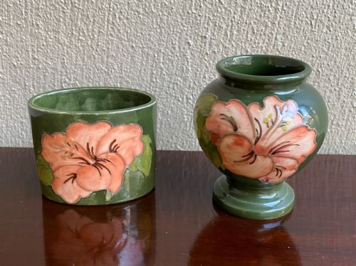 Moorcroft Coral Hibiscus on Olive Green - Small Vase and Oval Pot