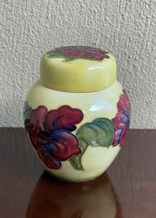 Moorcroft Lidded Ginger Jar Hibiscus Pattern on Yellow Background