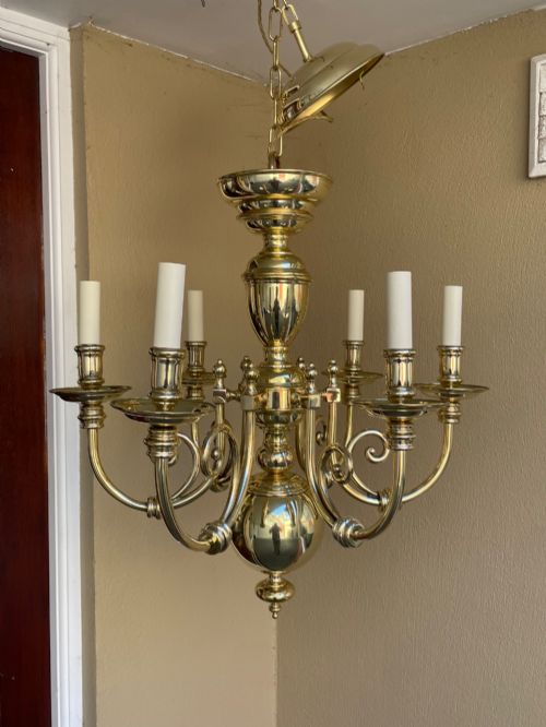 Large Early Twentieth Century Brass Six Arm Chandelier Ceiling Light