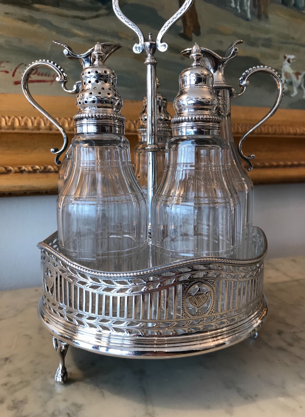 George III solid silver cruet set, hallmarked London 1779 by John Schofield  View II