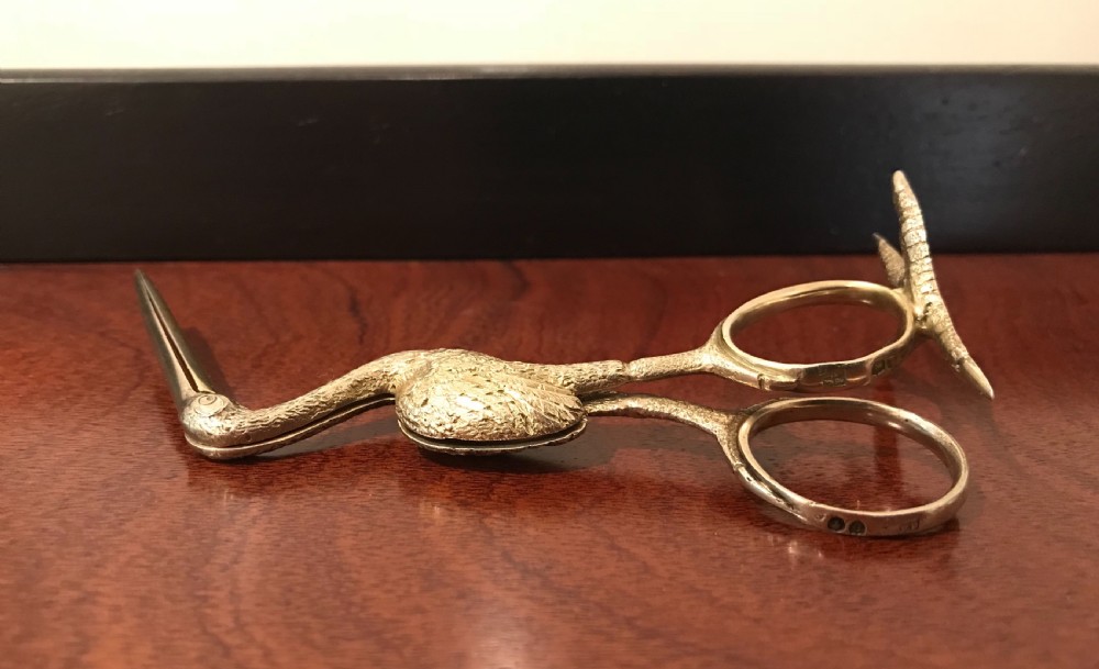 Pair Victorian Silver Gilt Stork Ribbon Threaders, Hallmarked London 1880 View II