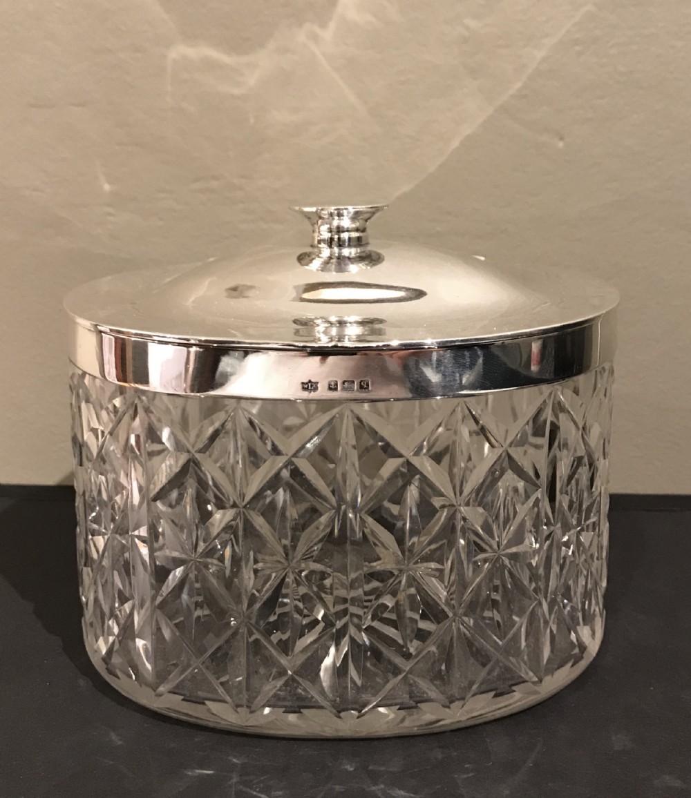 George V Silver & Cut Glass Biscuit Box, Hallmarked Birmingham 1915 by W Coulthard Ltd