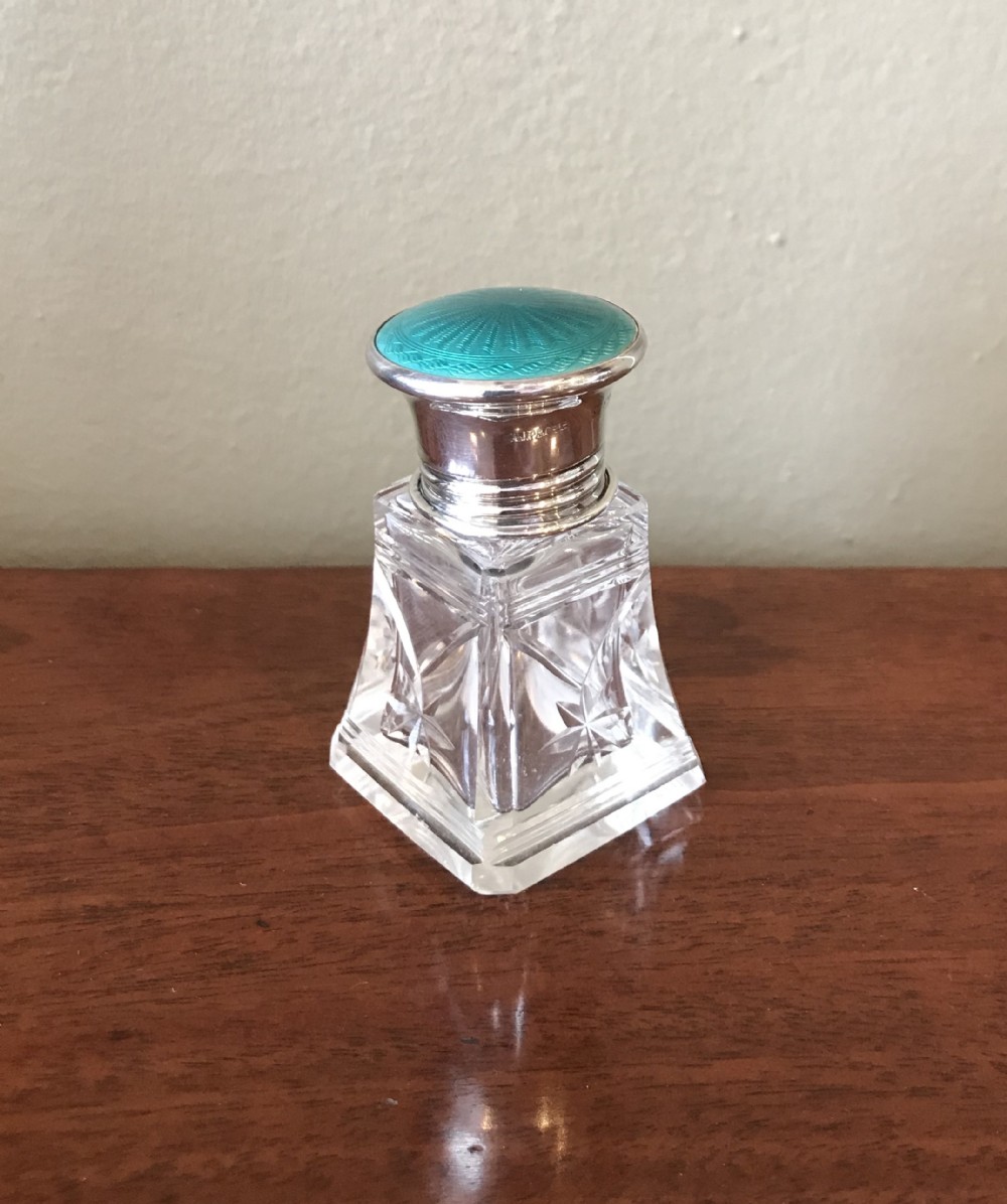 George V Silver and Guilloche Enamel Scent Bottle, Birmingham 1925