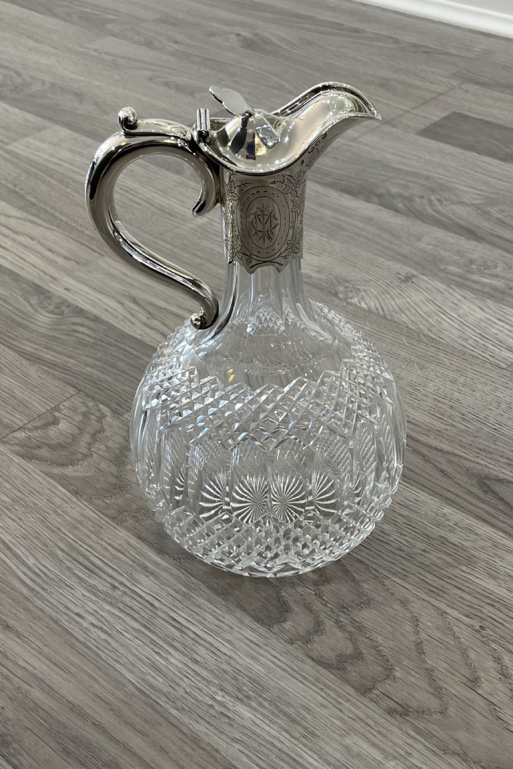 Superb Victorian Crystal Cut Glass & Silver Claret Jug, hallmarked London 1892 by Edgar Finley & Hugh Taylor