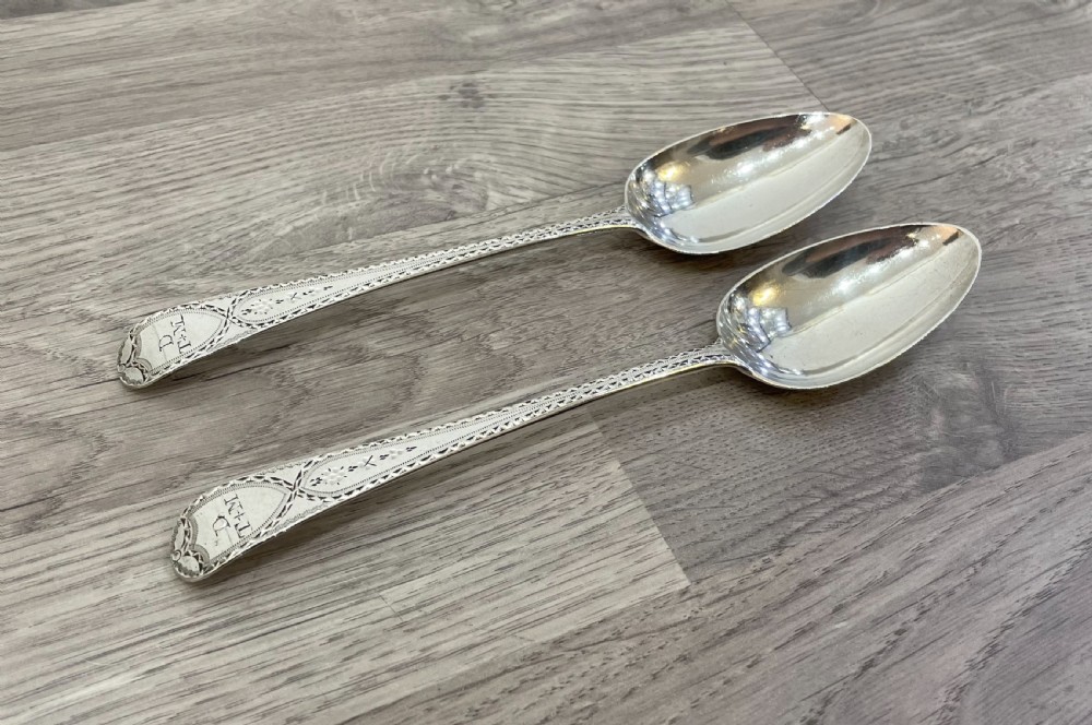 Superb pair of George III solid silver serving spoons, 1787