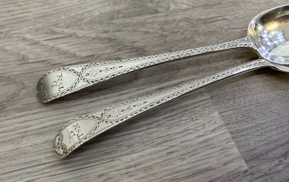 Superb pair of George III solid silver serving spoons, 1787 View V