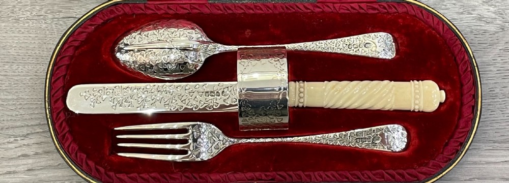 Victorian Four Piece Solid Silver Christening Set, 1900 View III