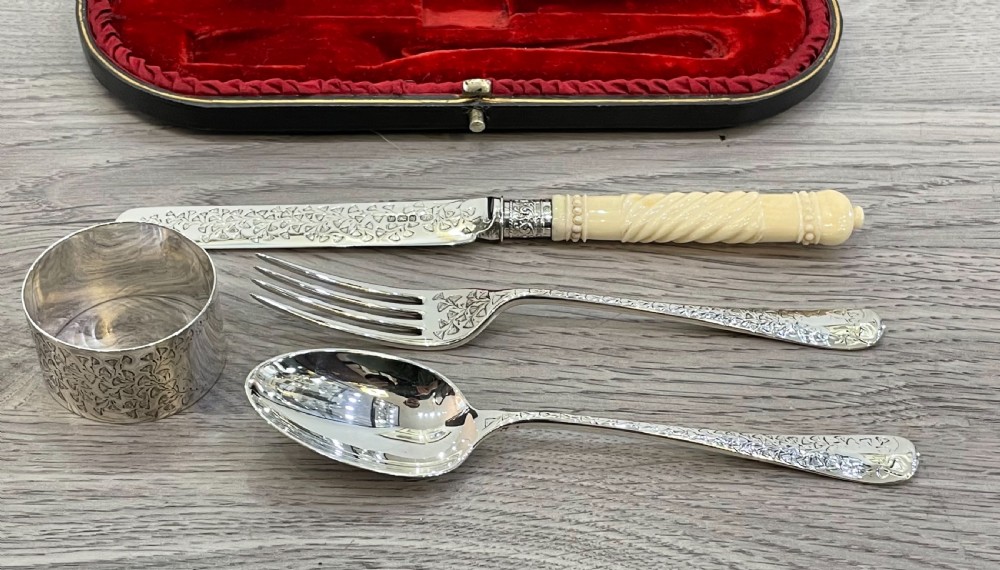 Victorian Four Piece Solid Silver Christening Set, 1900 View XII