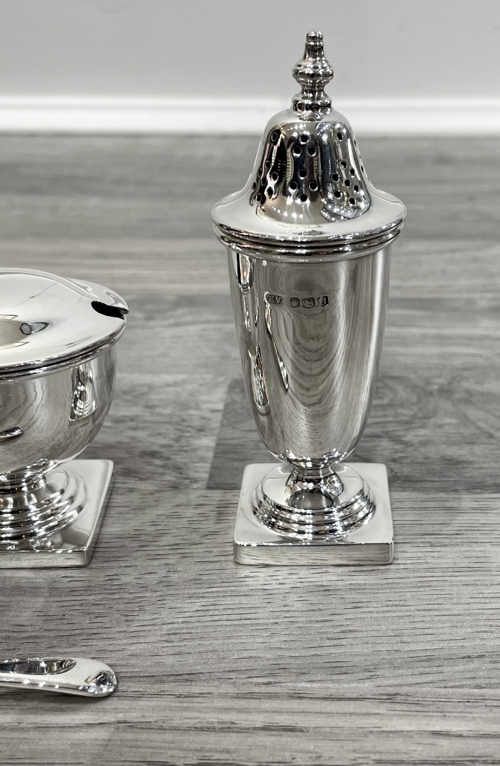 Elizabeth II Solid Silver Three Piece Cruet Set, cased. View II