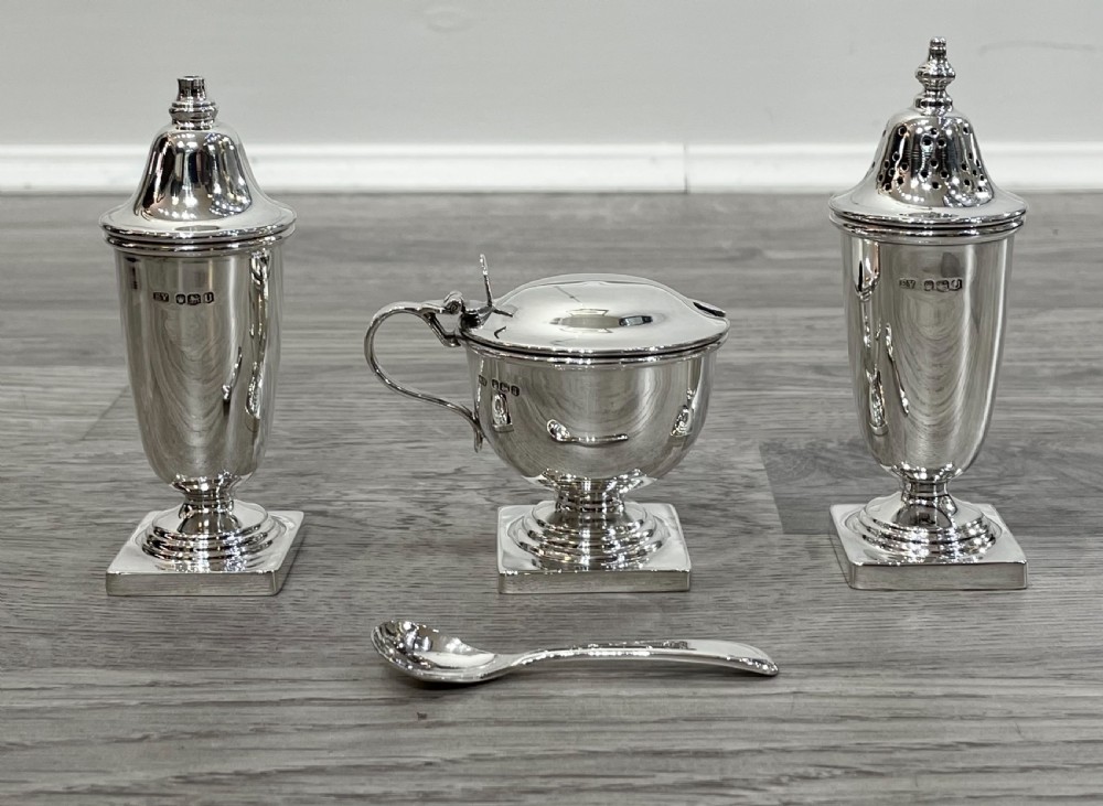 Elizabeth II Solid Silver Three Piece Cruet Set, cased. View IV
