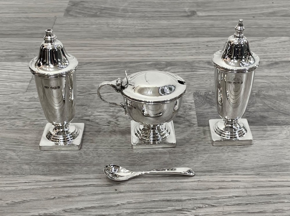 Elizabeth II Solid Silver Three Piece Cruet Set, cased. View V