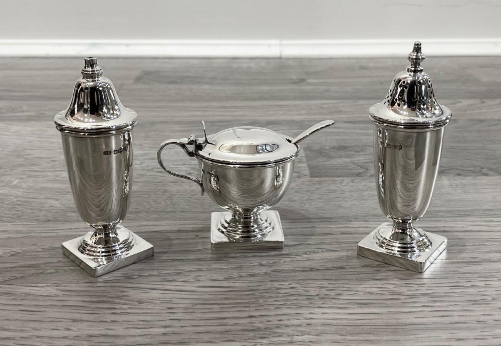 Elizabeth II Solid Silver Three Piece Cruet Set, cased. View VI