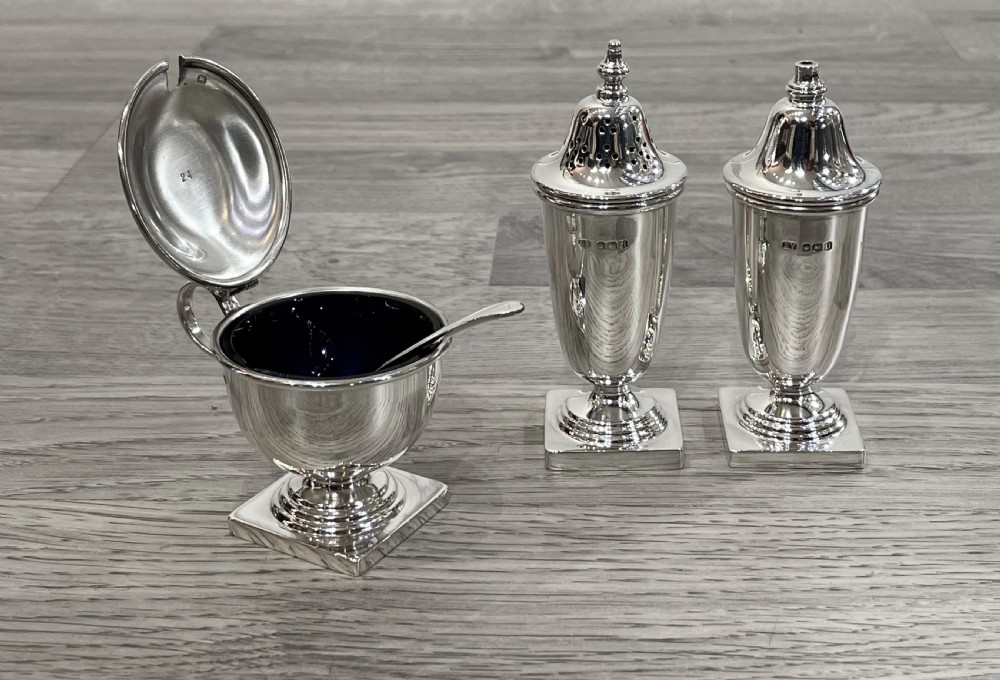Elizabeth II Solid Silver Three Piece Cruet Set, cased. View VII