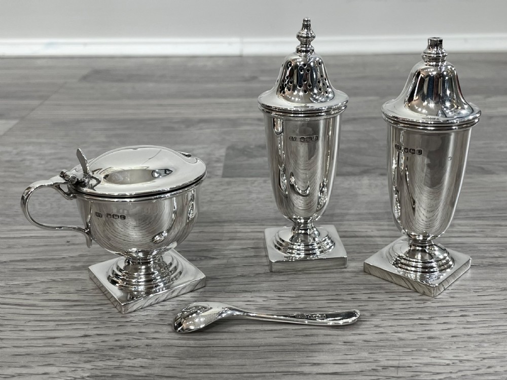 Elizabeth II Solid Silver Three Piece Cruet Set, cased. View IX