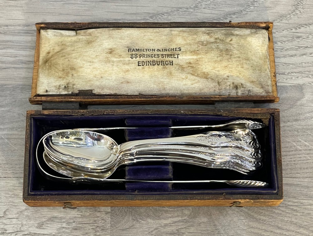 Rare Set of George IV Scottish Silver Spoons & Tongs, James McKay and Andrew Wilkie