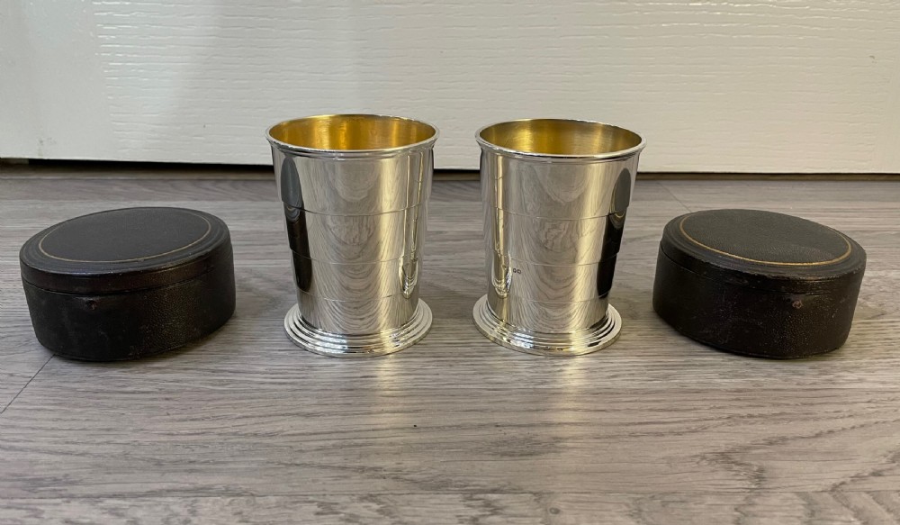 A rare pair of Victorian Solid Silver Collapsible Cups Beakers, Hallmarked London 1887
