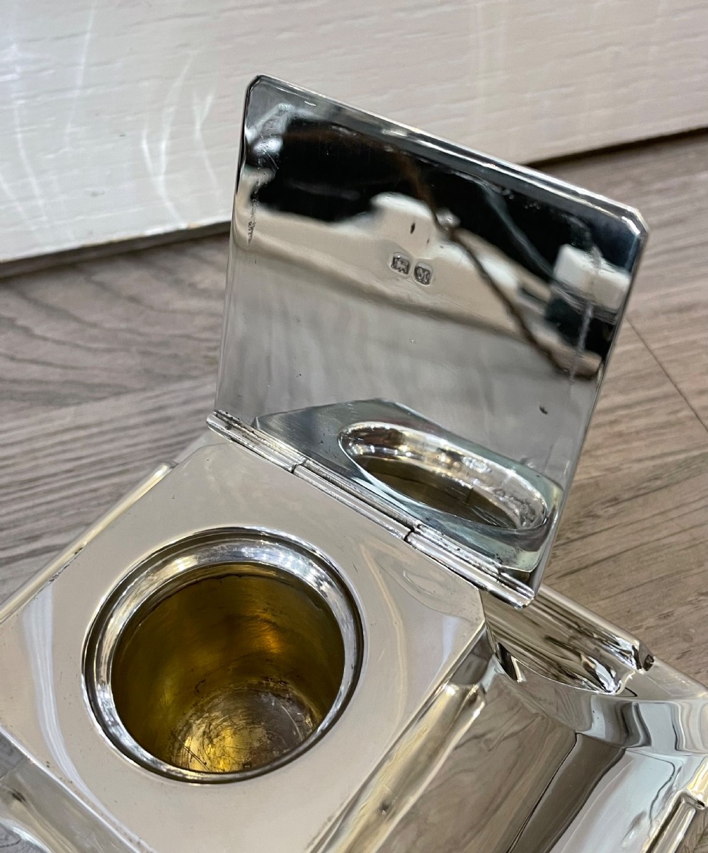Large Art Deco Square Silver Inkwell, Birmingham 1936 View V