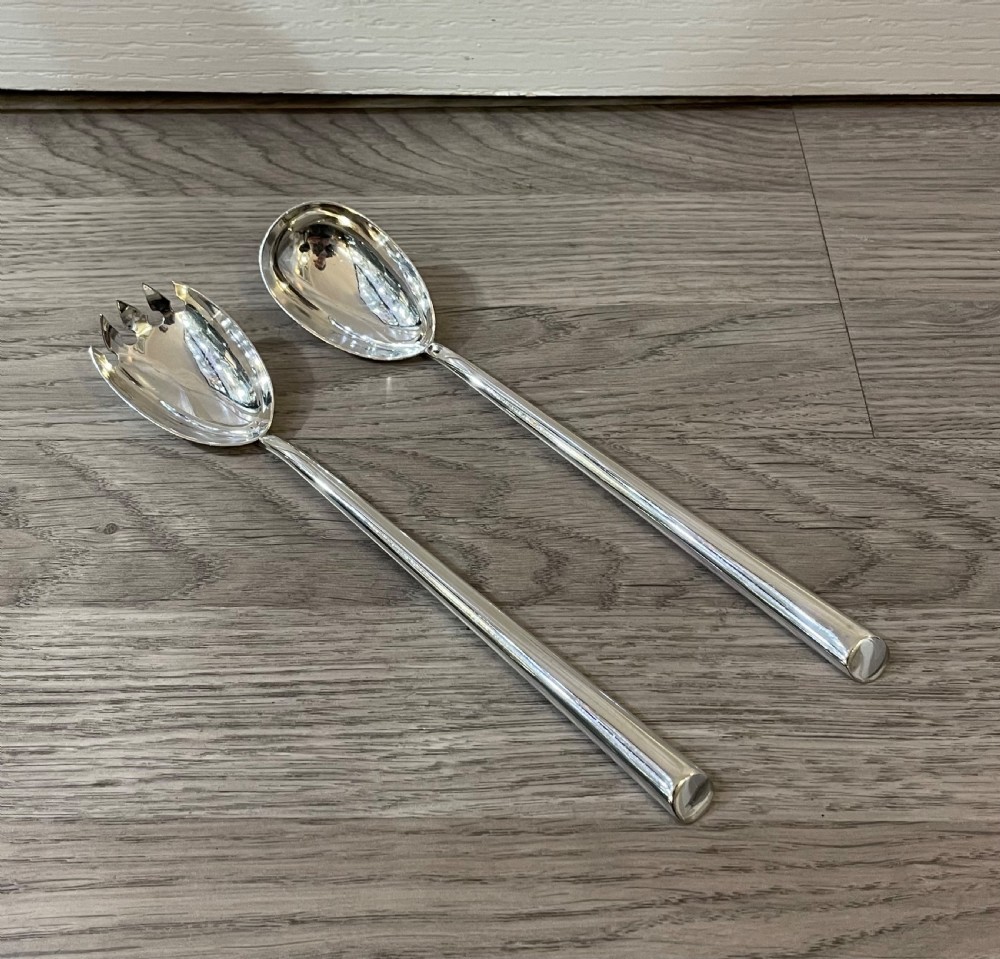 Pair George V Solid Silver Salad Servers By John Grinsell & Sons, 1920