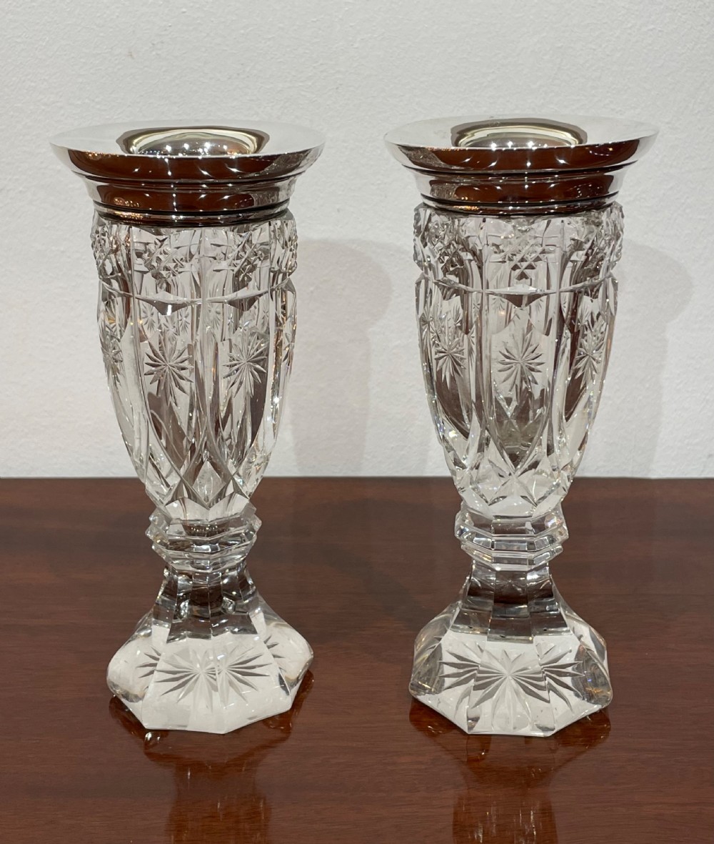 Pair of Edwardian Silver and Cut Glass Vases, hallmarked Chester 1904