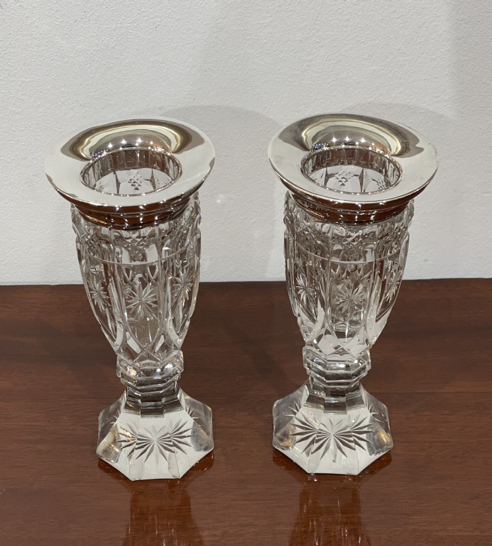 Pair of Edwardian Silver and Cut Glass Vases, hallmarked Chester 1904 View VI