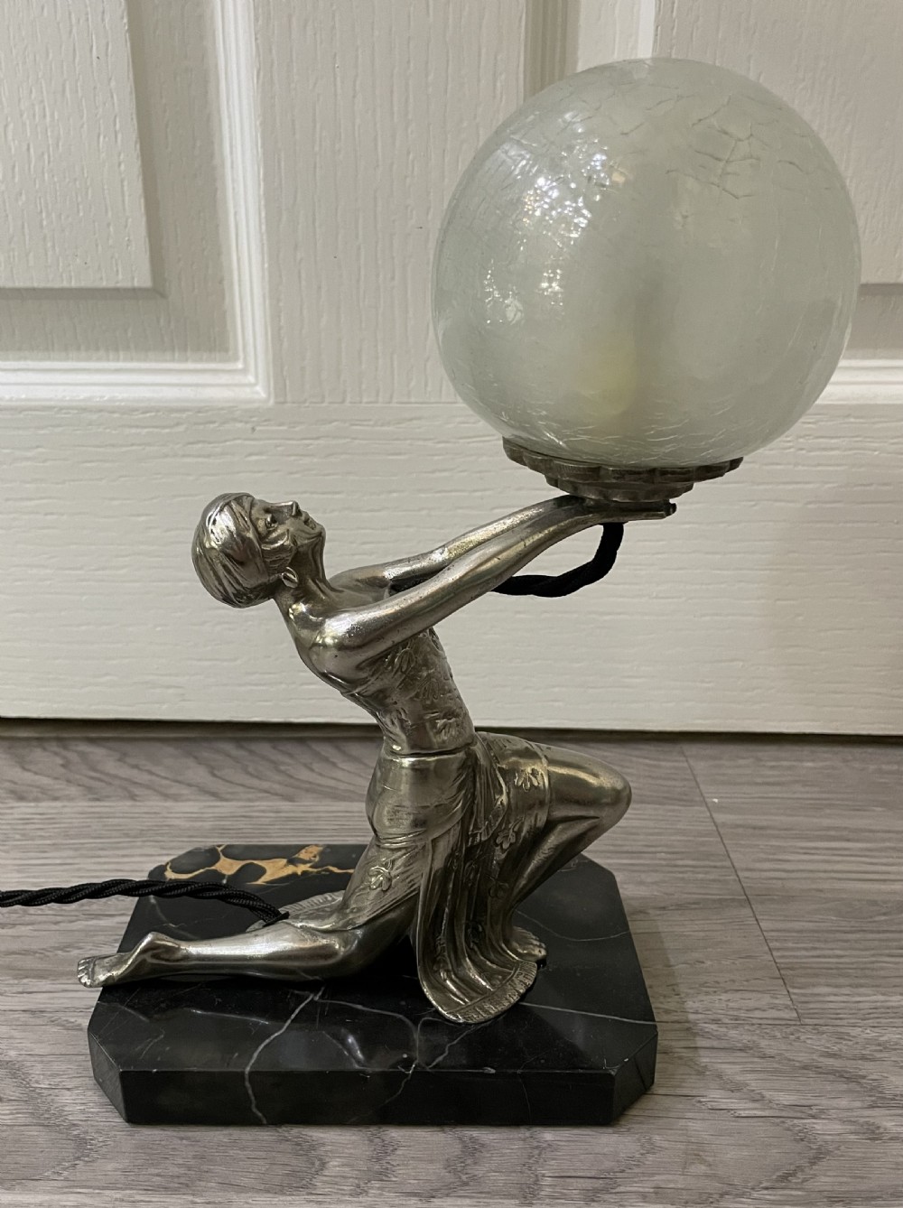 Art Deco Silvered Lady Lamp with Original Crackle Glass Shade