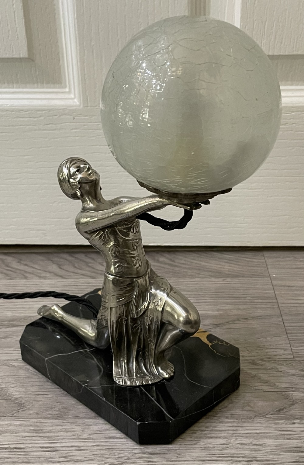 Art Deco Silvered Lady Lamp with Original Crackle Glass Shade View II