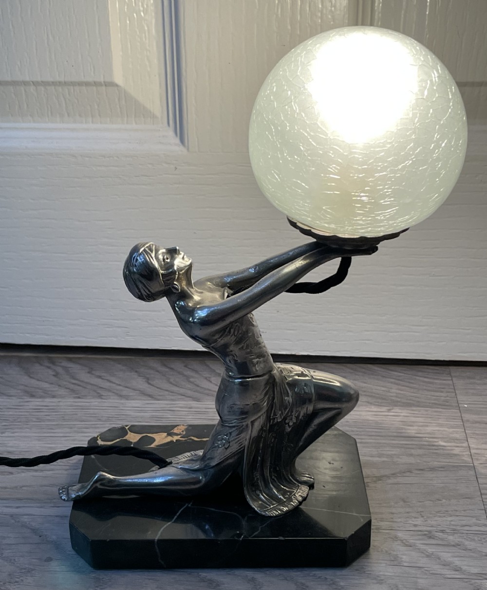 Art Deco Silvered Lady Lamp with Original Crackle Glass Shade View III