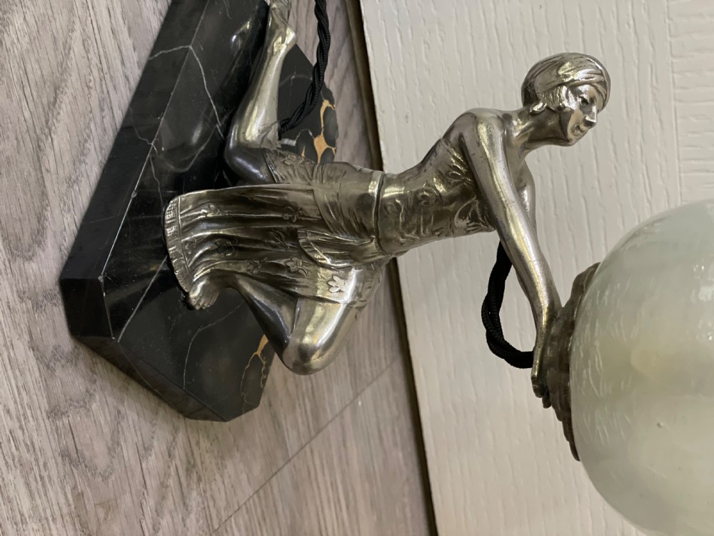 Art Deco Silvered Lady Lamp with Original Crackle Glass Shade View VII