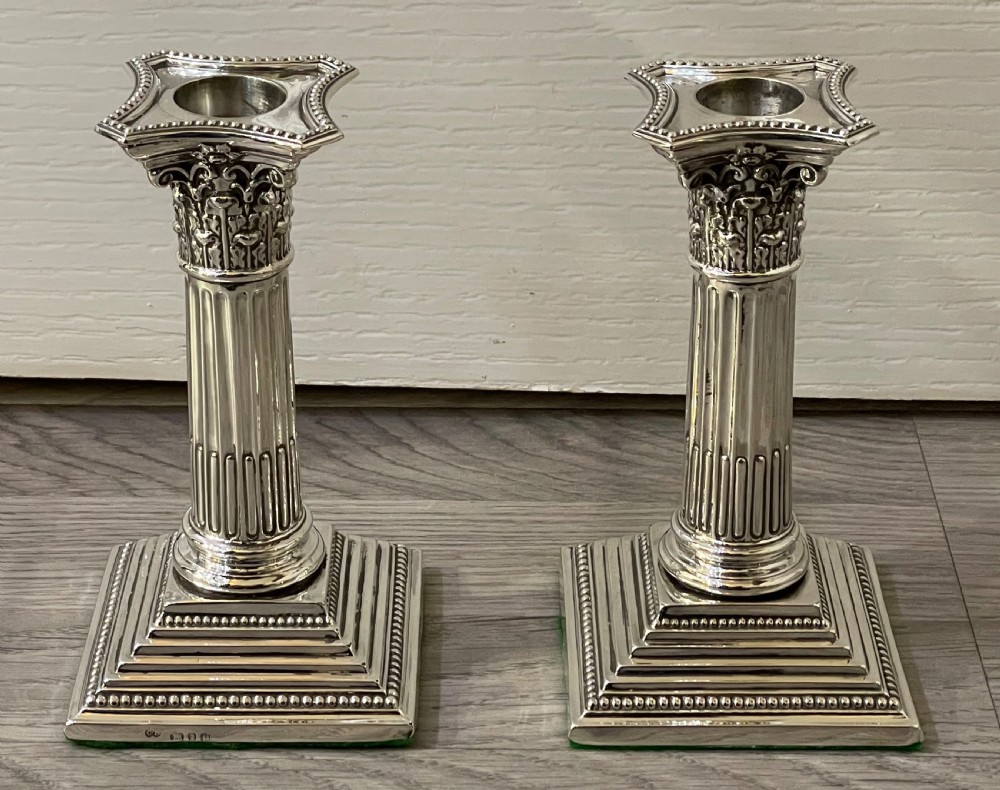 Pair of Victorian Silver Corinthian Column Candlesticks, 1890