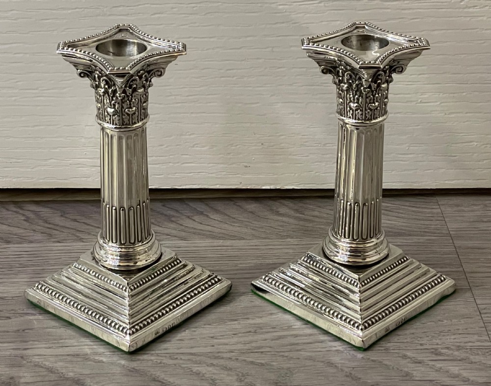 Pair of Victorian Silver Corinthian Column Candlesticks, 1890 View II