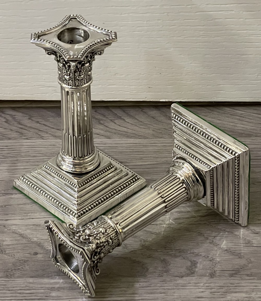 Pair of Victorian Silver Corinthian Column Candlesticks, 1890 View V