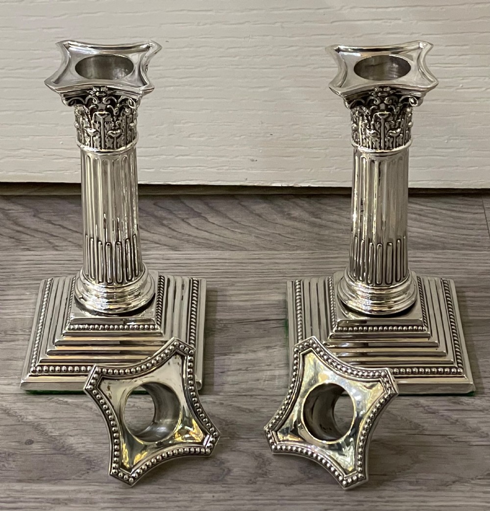 Pair of Victorian Silver Corinthian Column Candlesticks, 1890 View VI