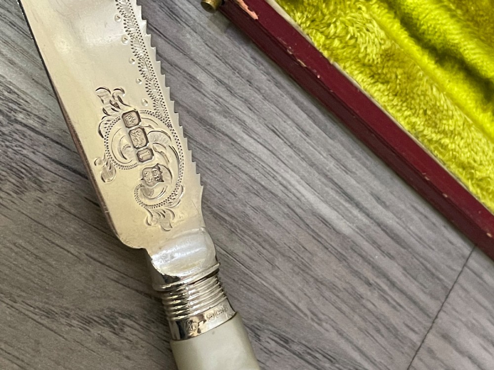 Edwardian Silver & Mother Of Pearl Cake Knife in fitted case.  View III